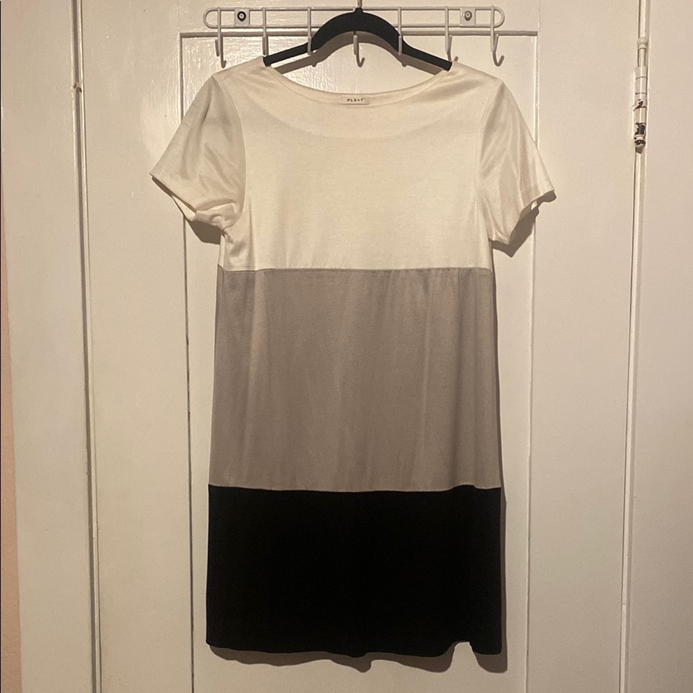 Elegant Color Block Dress - White, Gray, and Black